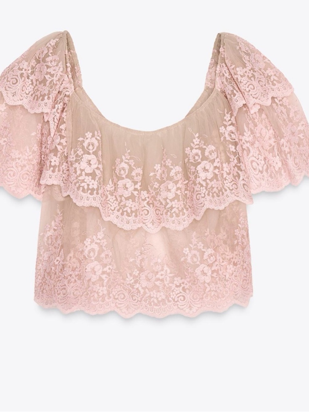 Zara Blush Pink Lace Off-Shoulder Crop Top- Embroidered ruffle
